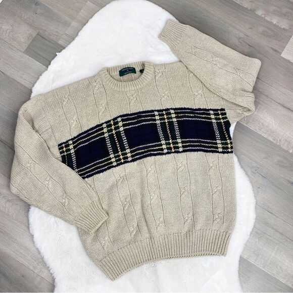 Embassy Row Hand Knit Vintage Multi Knit Plaid Block Sweater Tan Large - Picture 1 of 10